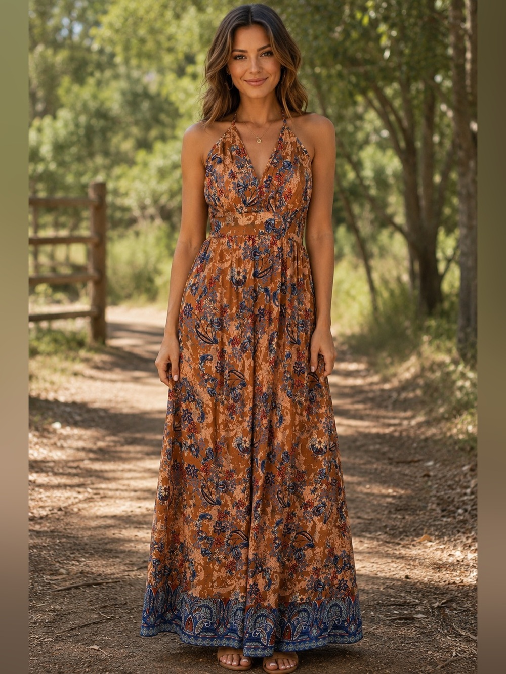 Angie Boho Paisley Floral Halter Maxi Dress Size Small Orange Blue Rayon